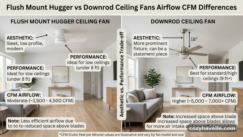 Addressing the Aesthetic vs Performance Trade-off - Flush Mount (Hugger) vs Downrod Ceiling Fans: Airflow CFM Differences