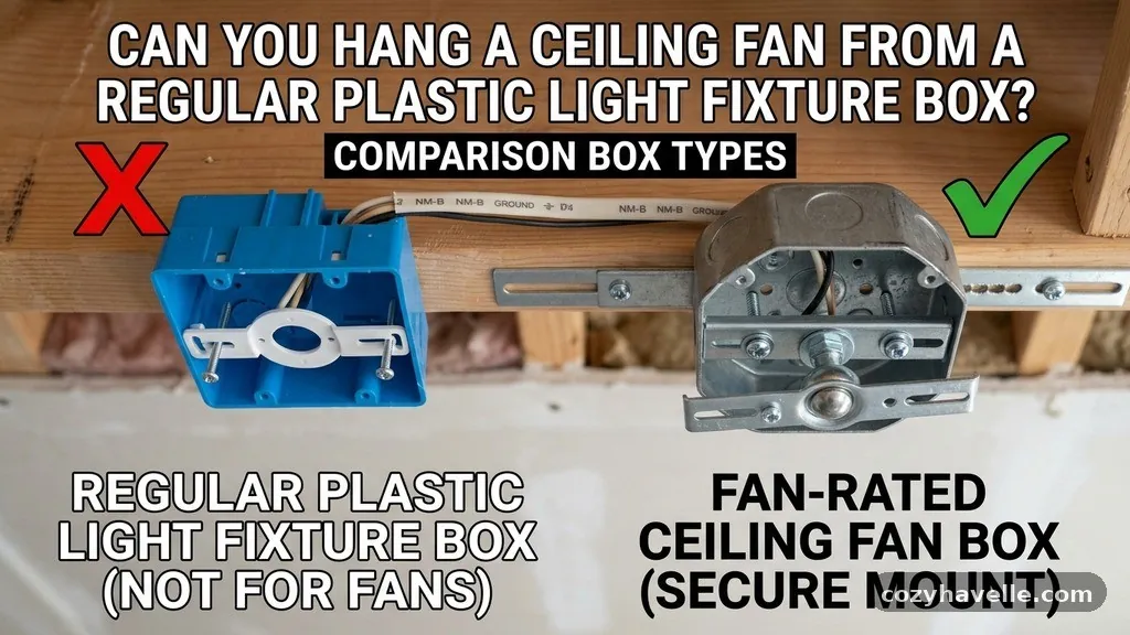 Comparison of Box Types - Can You Hang a Ceiling Fan from a Regular Plastic Light Fixture Box?