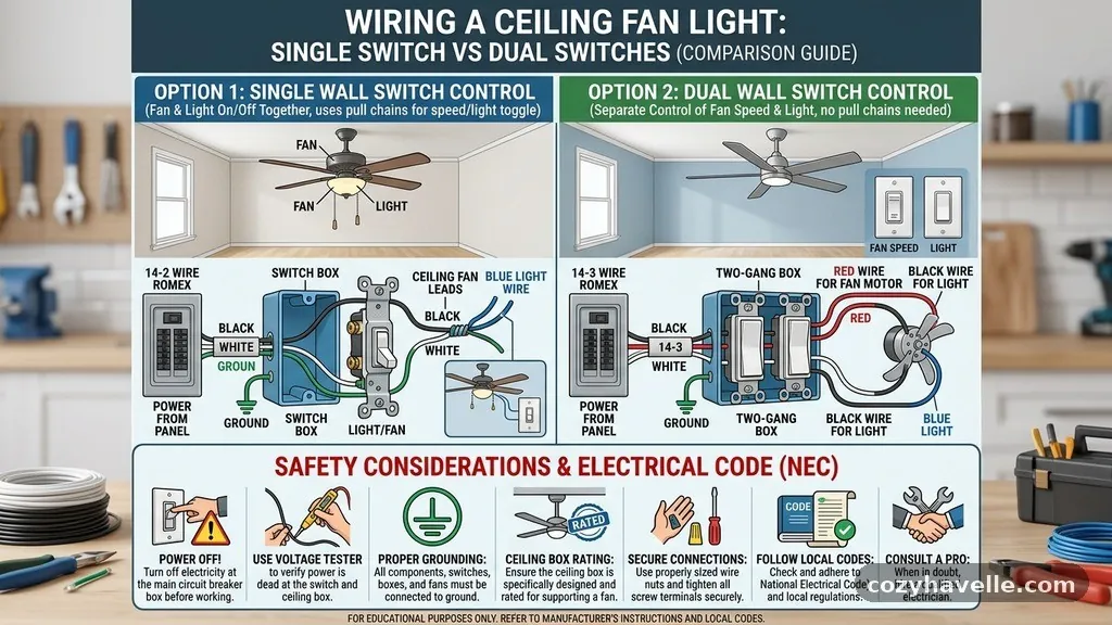Safety considerations and electrical code - Wiring a Ceiling Fan with Light on a Single Wall Switch vs Dual Switches