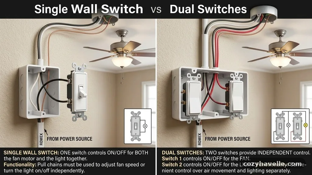 The core difference in functionality - Wiring a Ceiling Fan with Light on a Single Wall Switch vs Dual Switches