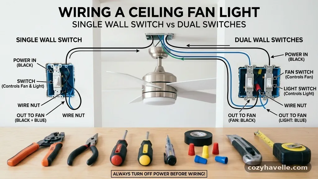 Tools you will need for the job - Wiring a Ceiling Fan with Light on a Single Wall Switch vs Dual Switches