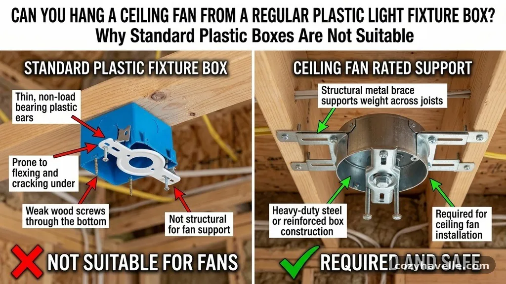 Why Standard Plastic Boxes Are Not Suitable - Can You Hang a Ceiling Fan from a Regular Plastic Light Fixture Box?